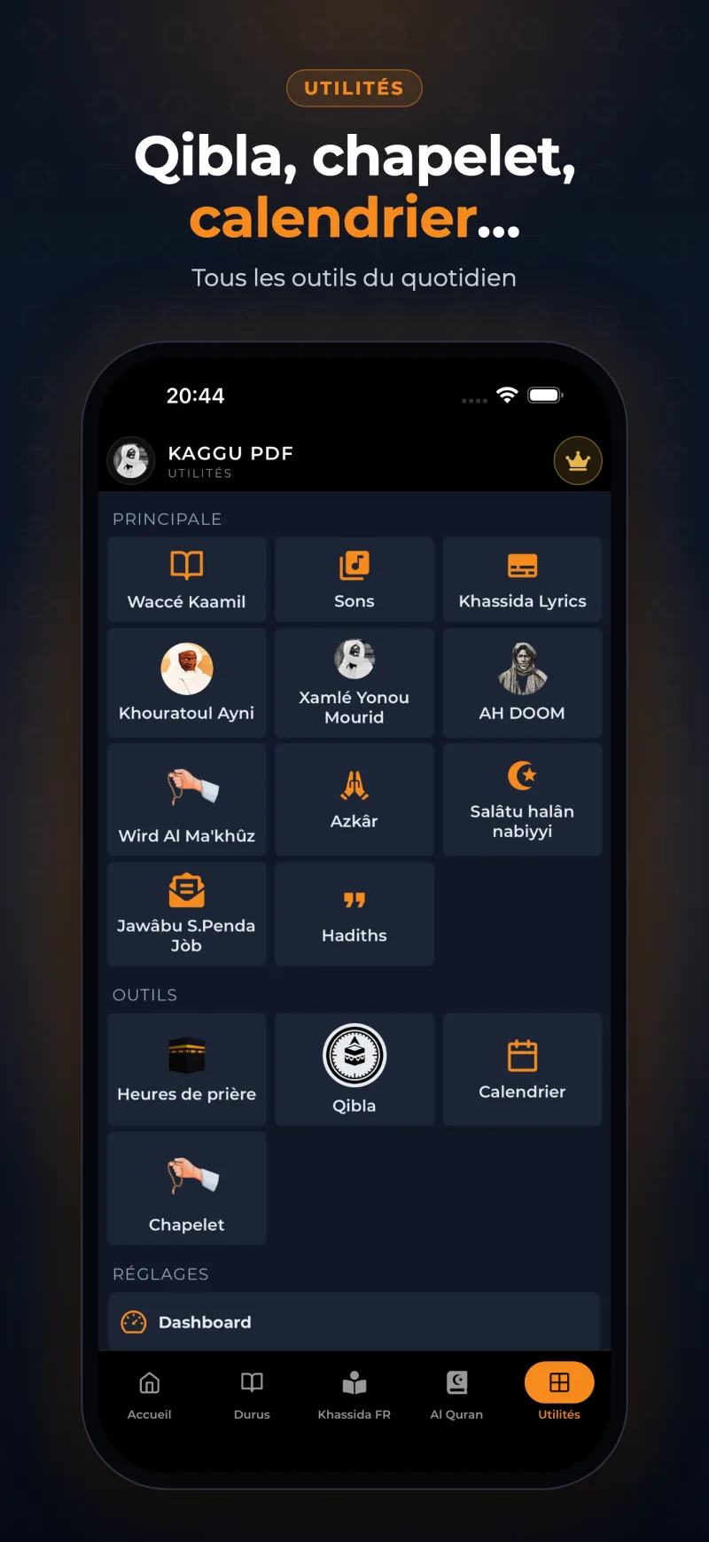 Capture d'écran Kaggu PDF : Qibla, chapelet, calendrier…